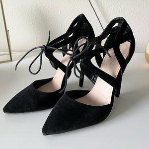 Public Desire Black Velvet Tie Up Stilettos